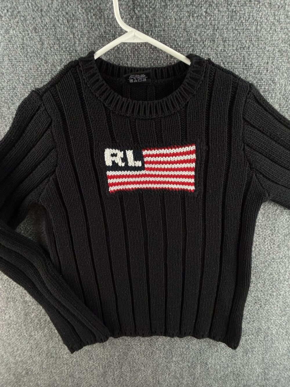 Polo Ralph Lauren Knit Flag Sweater Large Black Crew Neck Designer Pullover